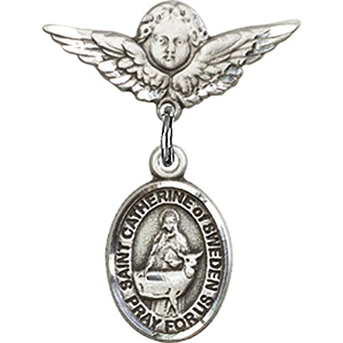Sterling Silver Baby Badge with St. Catherine of Sweden Charm and Angel w/Wings Badge Pin 7/8 X 3/4 inches