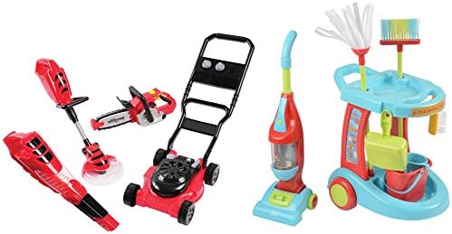Constructive Playthings Little Helper Toy Bundle with Power Garden Tools and Cleaning Trolley + Vacuum Set