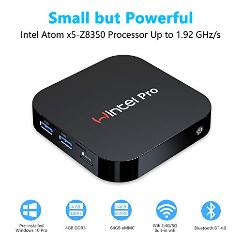 Mini PC Windows 10 Pro OS(64 Bits) with Intel Atom X5-Z8350 Processor HD Graphics 4GB RAM + 64GB Storage, Fanless Mini Desktop Computer with Dual Band WiFi AC/Bluetooth 4.2,Ethernet and HDMI Port