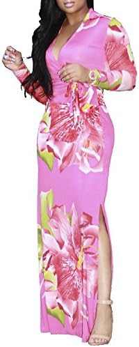 Wordbuy Women's Deep V-Neck Printed Long Sleeve Waist Tie Slit Evening Gown Formal Dresses