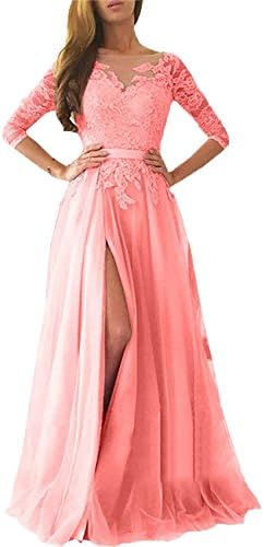 Ruisha Women Lace Long Sleeves Prom Dresses 2018 Long Tulle High Slit Formal Evening Gowns RS0080