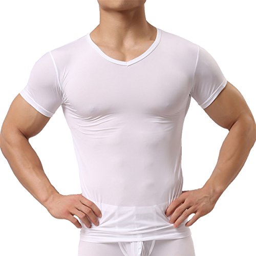 Men s Sexy Underwear T-shirt Short Sleeve Mesh Sheer Top Undershirt Sleepwear(White L)
