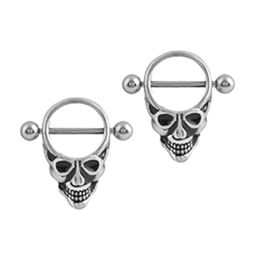 SunniMix 2 Pairs Punk Gothic Skeleton Shield Nipple Ring Stainless Seel Teeth Head Halloween 14g 18g
