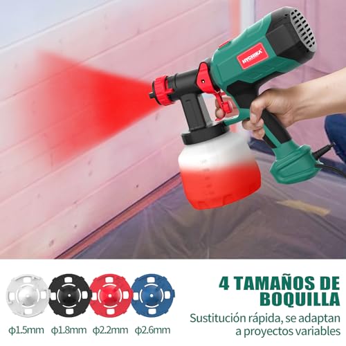HYCHIKA Paint Gun, 600W HVLP Paint Gun, 1200ML Tank 4 Nozzles and 2 Cleaning Tools, 3 Pattern Paint Sprayer for Walls and Ceilings, Fences