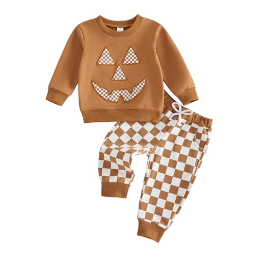 Adobabirl Toddler Baby Halloween Outfit Boy Girl Pumpkin Face Print Sweatshirt and Pants Set Halloween Fall Baby Clothes (Khaki-Pumpkin Face Plaid,3-4T) at Amazon