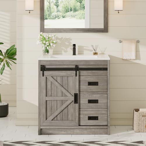 Jocisland Farmhouse Bathroom Vanity with Sink Combo, 31in Sliding Barn Door Bathroom Vanity Cabinet Set with Storage Drawers, Metal Handles, Small Single Bath Storage Vanity Sink, Light Grey