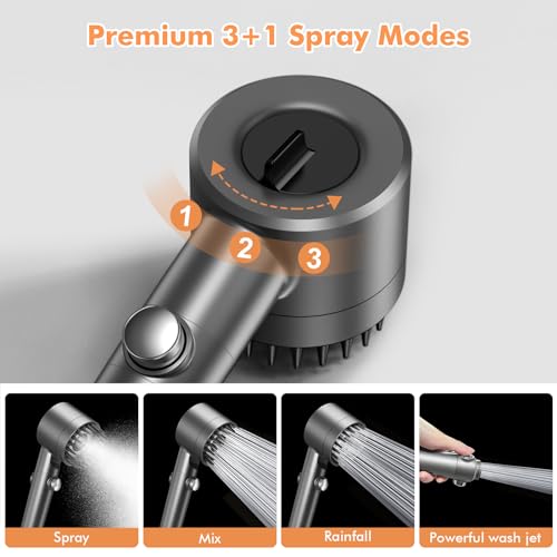 FEELSO Hard Water Filter Shower Head with 15 Stage Filter, 3+1 Spray Jet Modes High Pressure Shower Head and 1.5m Hose, Handheld Massage Shower Filter for Residual Chlorine Remove Grey