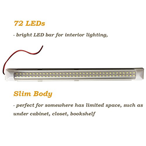 Wiipro RV LED Interior Lights Strip Bar 2PCS 13.5'' 4.5W 72 LEDs Bulbs with On/Off Switch for Car Van Bus Caravan Lorry Camper Boat White - Thumbnail 2