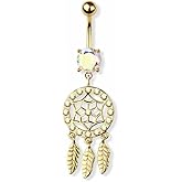 Pierced Owl 14GA 316L Stainless Steel Aurora Borealis CZ Crystal Dreamcatcher Dangling Belly Button Ring
