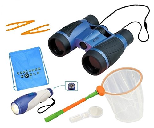 Binoculars For Kids - Includes Binoculars With 4 x 30 Magnification, Butterfly Net, 2 Tweezers, Flashlight With Belt Clip and Built In Compass, Magnifying Glass + Bonus Carry Bag - By Explorer World