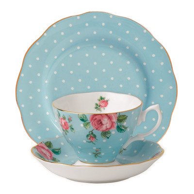 Royal Albert 3-Piece New Country Roses Teacup, Saucer and Plate Set, Polka Blue