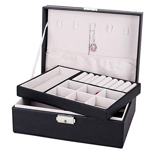 ISOTO Faux Leather Jewelry Oganiser Jewellery Box Case Two Layers Storage with Lock Adjustable Compartments Gift for Wedding Christmas Girls and Women (Black)