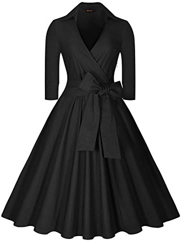 Miusol Women's Deep-V Neck Classical Bow Belt Vintage Casual Swing Dress