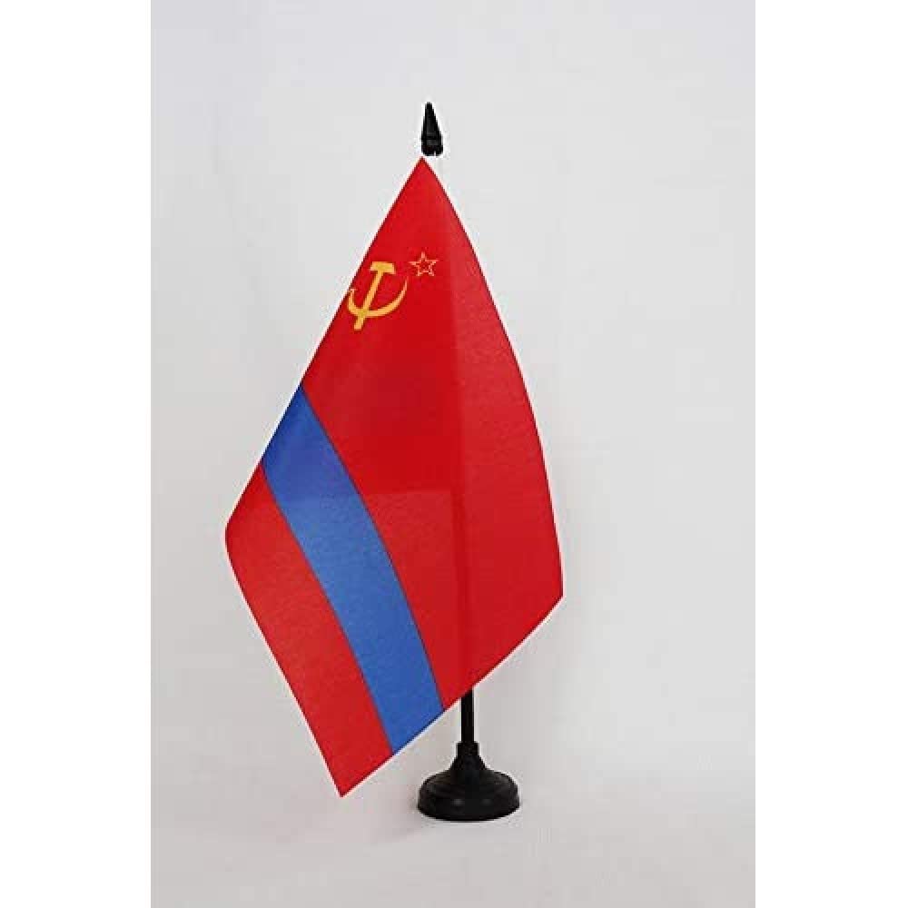 AZ FLAG Kazakh Soviet Socialist Republic Table Flag 5'' x 8'' - Kazakhstan KSSR Office Decoration 100% Polyester 21 x 14 cm - Mini Desk Flag with Pole and Black Plastic Base