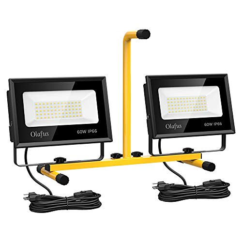 Olafus 120W LED Work Lights, 13000LM Job Site Lights, IP66 Waterproof Construction Lighting with Detachable Stand, Dual 60W Flood Lights with 2 Plugs for Construction Site Jetty Workshop, 5000K