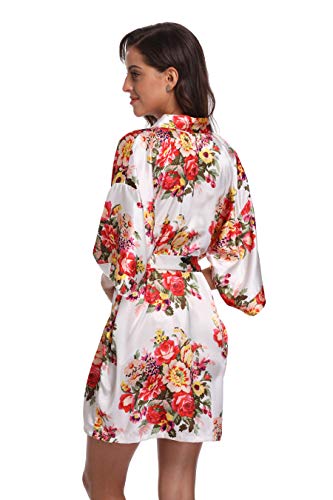 White Robes for Bride Women's Floral Satin Robe Short Silk Lightweight Bridal Kimono Bathrobe Sleepwear, M
