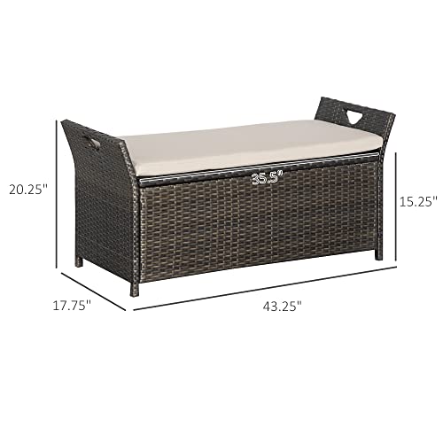 Outsunny 2-in-1 Patio Wicker Storage Bench, 29 Gallon Outdoor PE Rattan Patio Furniture, Large Capacity Rectangle Basket Box with Handles and Cushion, Cream White
