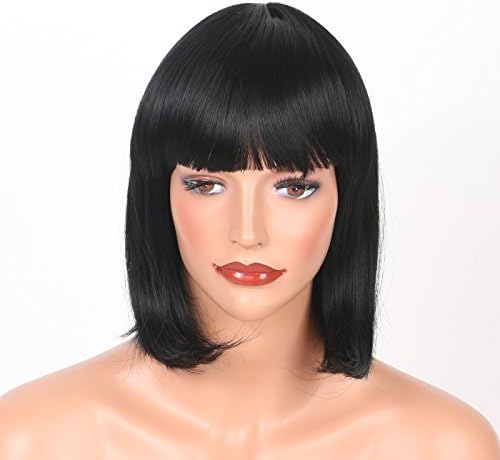OMG Hair Black Bob Wig With Bangs Heat Resistant Synthetic Hair Non Lace Wigs For Women 12 Inch 1B