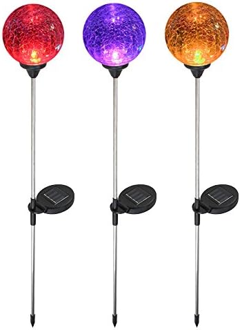 Outdoor Solar Light - 3pcs Wireless, Waterproof, Solar-Powered Lamp Stake - Color-Changing LED, Hand Blown Cracked Glass Ball - Decor Lighting for Garden, Yard, Lawn, Pathway - Stainless Steel, ABS