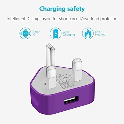 AMO® Universal USB Mains UK 3 Pin Plug Charger Adapter Compatible with Samsung Galaxy Compatible with iPhone iPad Sony Tab HTC Windows Phone Tablet & USB Socket (Purple) - Image 4