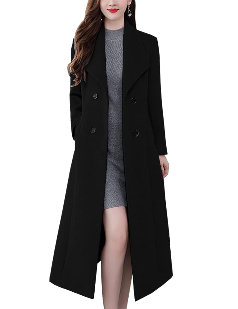 Photo 1 of IDEALSANXUN Long Wool Coats for Women 2025 Winter Doule Breasted Trench Coat Fall Tweed Blazer Wool Winter Jackets Peacoat(Black, M)