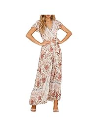 Zando Vestido largo de mujer con estampado floral, cuello en V, manga corta, corte floral, vestido maxi