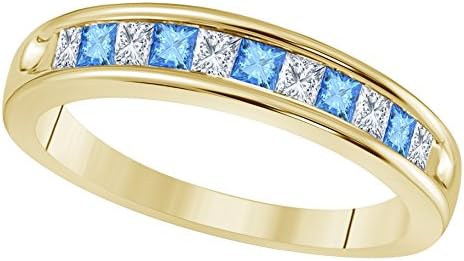 14K Gold Plated Alloy Highest Quality Created Blue Topaz & Cubic Zirconia Channel-Set Unisex Engagement & Wedding Band Ring Women's Fashion Jewelry Free Size 4 to 11