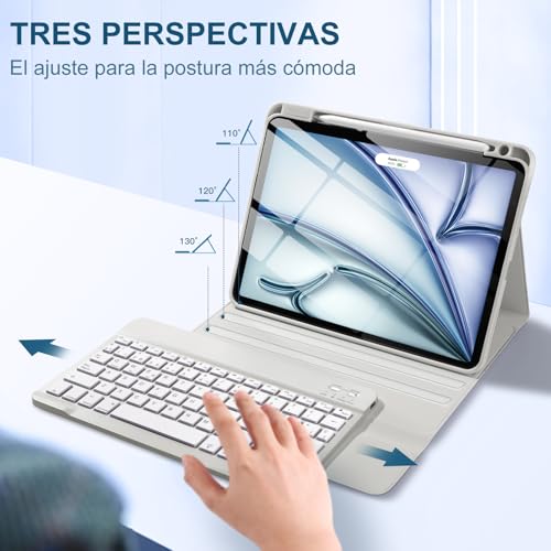 Vobafe Keyboard Case for iPad Air 11 Inch M4 M3 M2 (2026/2025/2024), Keyboard for iPad Air 5 4 Generation 2022/2020, QWERTY Spanish Ñ, Magnetic Backlight Bluetooth Keyboard, Light Grey