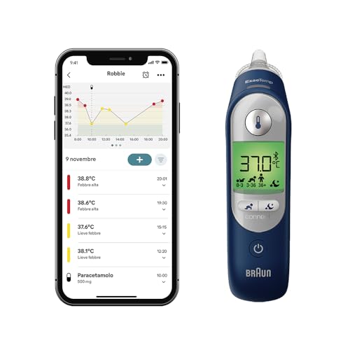 Braun ThermoScan 7 + connect Termometro auricolare | Compatibile con l'app Braun Family Care™ | Tecnologia Age Precision® | Display digitale con codifica a colori | Adatto a neonati e bambini