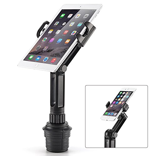 Cup Mount Holder iKross 2-in-1 Tablet and Smartphone Adjustable Swing Cradle with Extended Cup Car Mount Holder Kit for Apple iPad iPhone Samsung Asus Tablet Smartphone and Uber Lyft Driver - Black