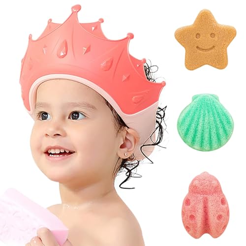 Photo 1 of FUNUPUP Baby Shower Cap for Kids with Baby Bath Sponge Adjustable Bath Visor for Toddlers Baby Hair Washing Shield with Baby Sponge for Bathing (Crown Pink)