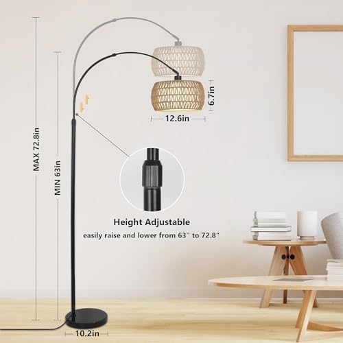Homodoskey Arc Floor Lamp for Living Room with 3 Color Temperatures,Floor Lamps with Remote & Dimmable Bulb, Boho Standing Lamp with Rattan & Fabric Shade, Adjustable Tall Lamp for Bedroom, Office (A)