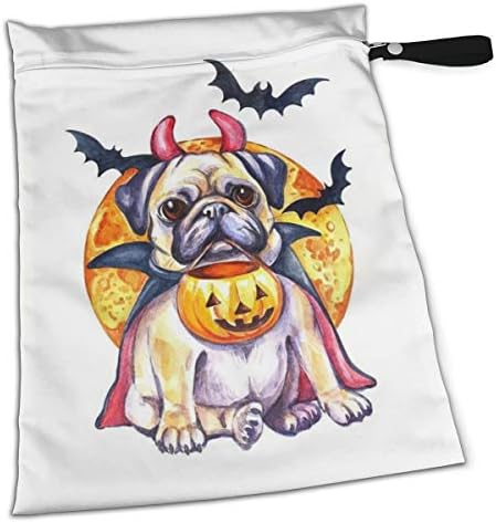 Cute Vampire Pug Dog Bat Halloween Wet Dry Bags for Baby Cloth Diapers Breathable Portable Dry Wet Nappy Stroller Bag Sealed Travel Beach Pool Daycare Soiled Baby