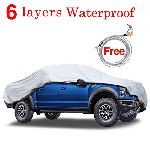 KAKIT 6 Layers Truck Cover - Windproof Waterproof All Weather, for Summer Outdoor, UV Protection, Universal Fit Car Covers for Truck Pickup, Windproof Ribbon & Anti-theft Lock, Fits up to 242