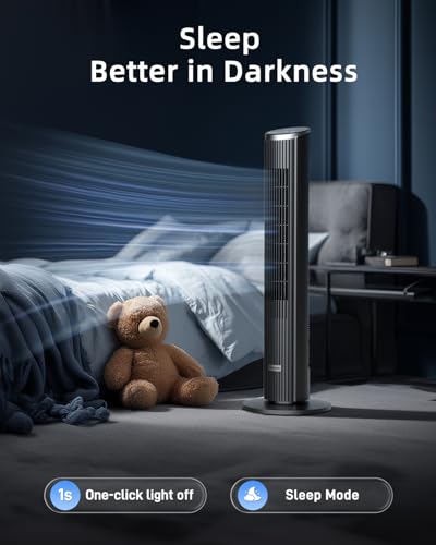 Ateroll Silent Tower Fan, Electric Cooling Fan, 90° Oscillating Bladeless Fan with Remote, 4 Speeds 3 Modes 12H Timer LED Display, Energy Efficient Standing Fan for Home Office, Black Fan