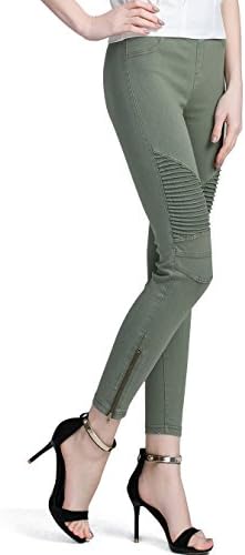 WEMELY Women's Basic Crop Narrow Leg Clean Black Trouser Ankle Zip Moto Pant (Small, Olive)