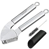 Garlic Press LOVKITCHEN Durable Stainless Steel Kitchen Garlic/Ginger Mincer Crusher and Peeler Set with Silicone Tube Roller Cleaning Brush