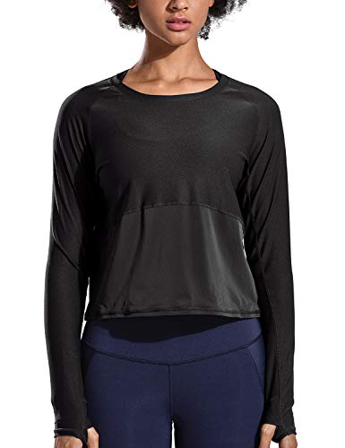 CRZ YOGA Women's UPF 50+ UV/Sun Protection Mesh Long Sleeve Sport Cropped Shirts Black - Long Sleeve S(4/6)