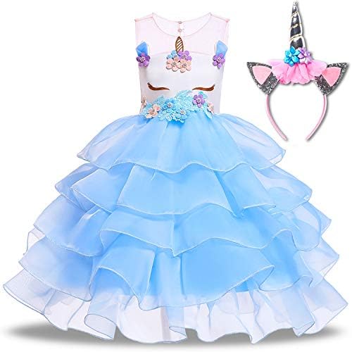 Girls Unicorn Dress Princess Tutu Rainbow Skirts with Unicorn Headband Birthday Wedding Party Tulle Dresses