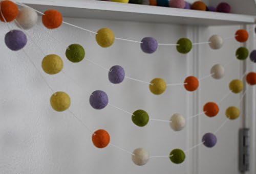 100% Wool Felt Ball Garlands | Pom Pom Garlands 11FT Long 40 Felt Balls (Orange Yellow Purple Green White)