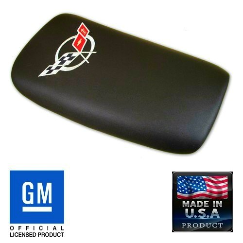 MIDWEST CORVETTE C5 Corvette Center Console Pad Lid Black Leather with Silver Cross Flag Embroidered Emblem Fits: All 97 through 04 Corvettes