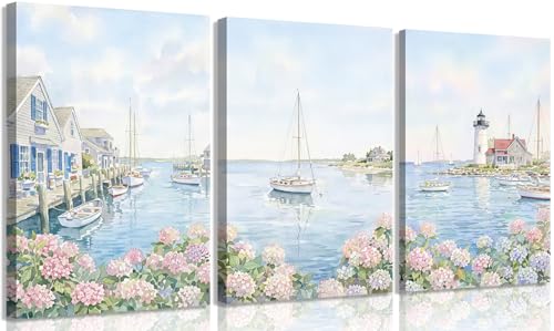 3Pcs Coastal Hydrangea Canvas Wall Art, Sailboat Lighthouse Decor, 12x16in at Amazon