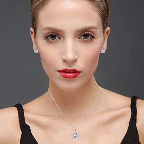 Crystal Jewelry Set Bride Bridesmaid- Sterling Silver Round Cubic Zirconia Crystal Bridal Pendant Necklace Earrings Set for Women by AMYJANE