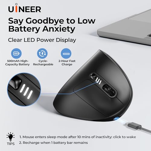 Uineer Ergonomic Wireless Mouse, Bluetooth Rechargeable Vertical Mouse, 7 Color LED, 4 DPI Adjustable, USB-A, Wrist Strain Relief,Optical Mice for Computer/PC/Laptop, Black (Black)