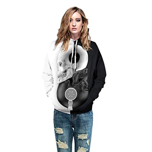 Jessie storee Helloween Hooded Sweatshirt Black and White Skull Print Pullover Hoodie Women Men Couples Unisex Horror Sweatshirts Clothing Large Size Sweater Loose Baseball Uniform Tide,Black,L