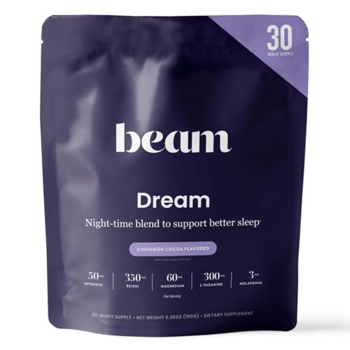 BEAM Dream Sleep Powder – Sleep Aid for Adults with Melatonin, Magnesium, L-Theanine, Reishi Mushroom & Apigenin Sleep Supplement, Sleepy Cocoa Bedtime Drink Mix, Cinnamon Cocoa Flavor, 30 Servings