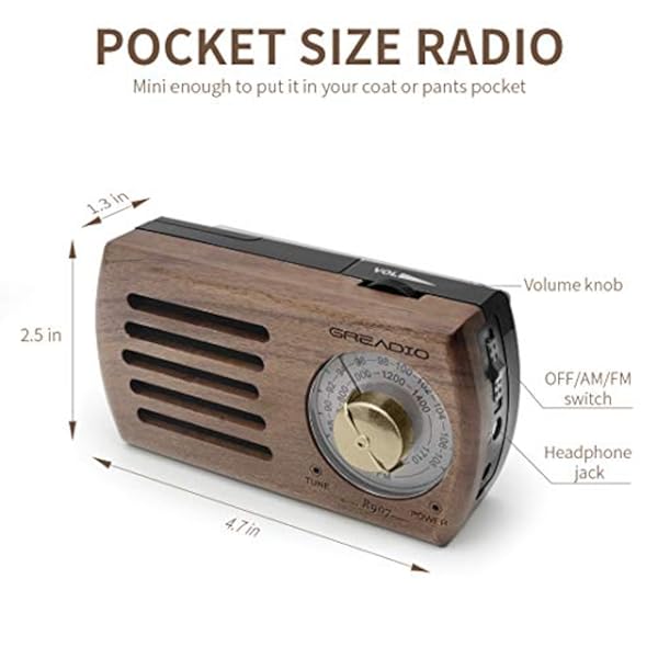 Radio portátil AM FM de bolsillo retro madera jack auricular - Imagen 3
