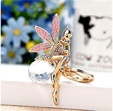 Yunqir Lightweight Single Flower Fairy Keychain Angel Keyring Butterfly Fairy Crystal Rhinestones Purse Handbag Pendant (Pink)