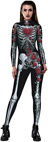 HOMEBABY Womens Halloween Jumpsuit Long Sleeve Performance Costumes Rose Skeleton Movement Breathable Halloween Party Fancy Play Clothing