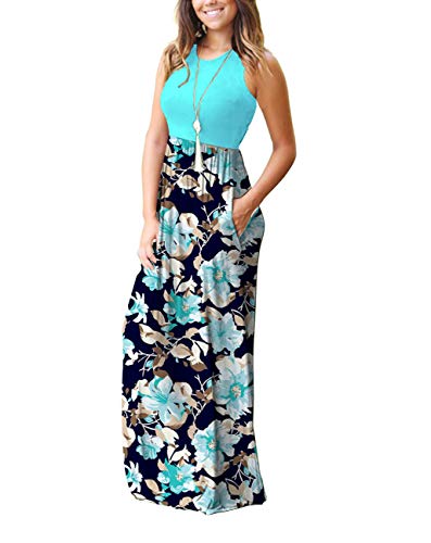 MISFAY Womens Summer Contrast Sleeveless Tank Top Floral Print Maxi Dress (S, Light Blue)